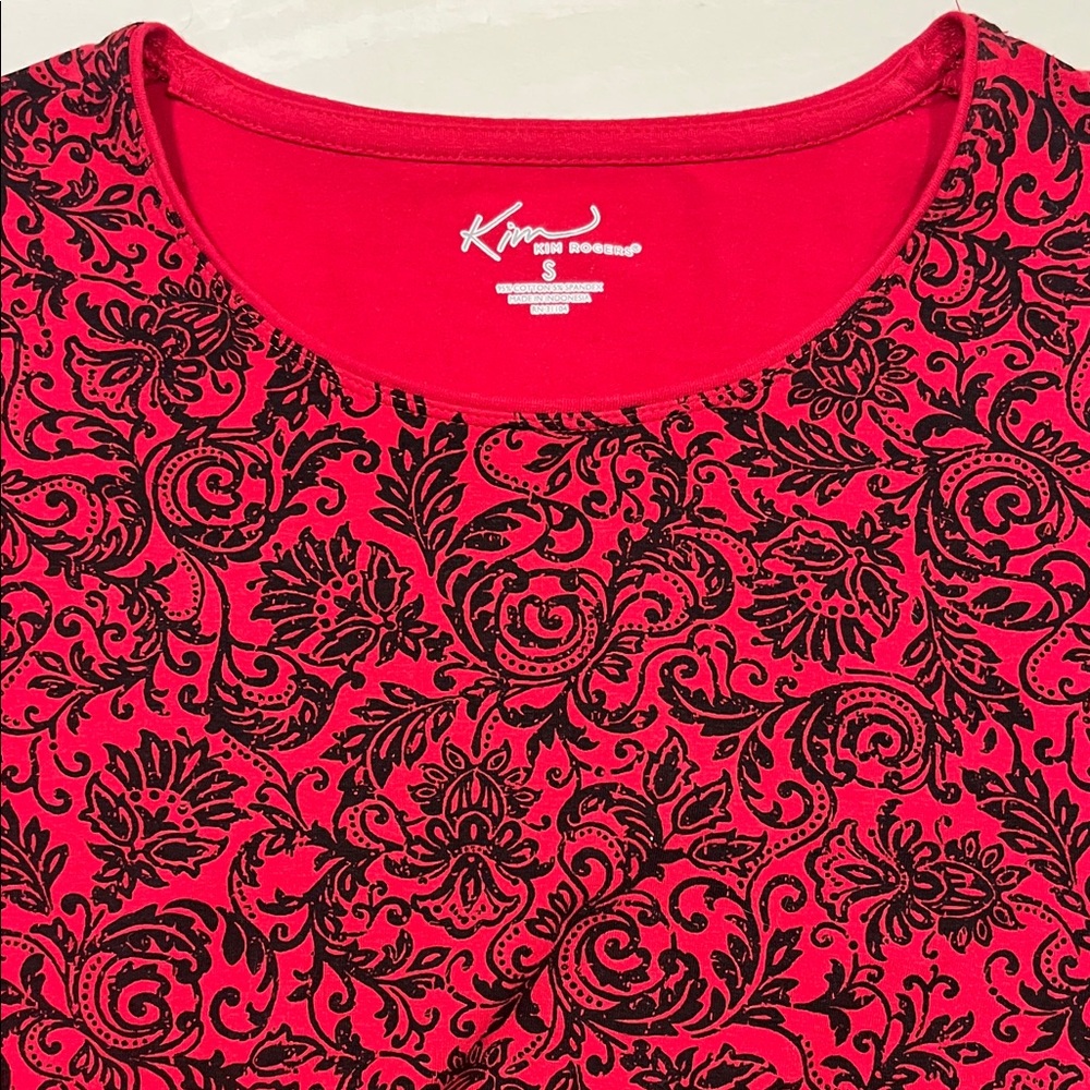 Kim Rogers Vibrant Red Top with Black Leaf Design